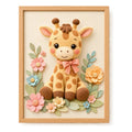 Cuadro Dormitorio Infantil Bebe Jirafa Globos Flor Efecto 3d Marco Madera Oak Madera Clara