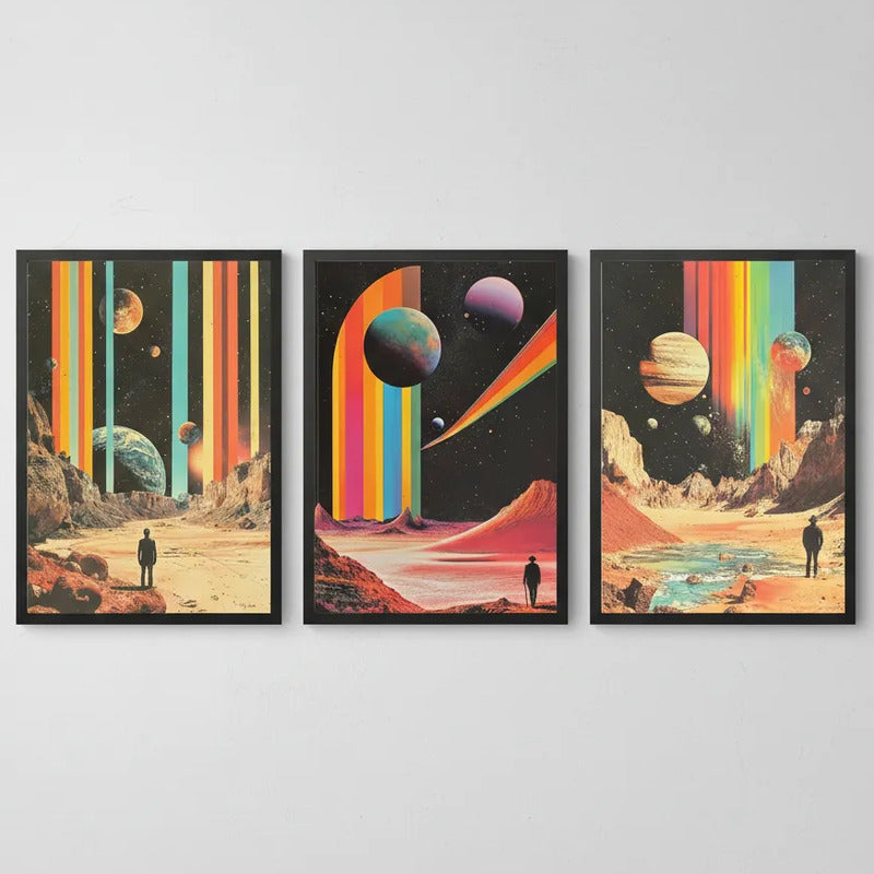 Set 3 Cuadros Planetas Paisajes Surrealistas Ciencia Ficción Marco Negro
