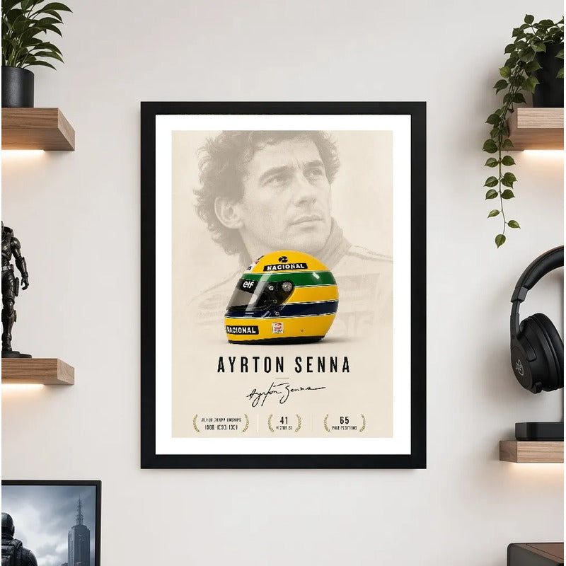 Cuadro Senna Arte Minimalista Formula 1 Auto Casco Amarillo Marco Negro