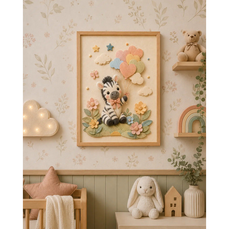 Cuadro Dormitorio Infantil Bebe Cebra Globos Flor Efecto 3d Marco Madera Oak Madera Clara