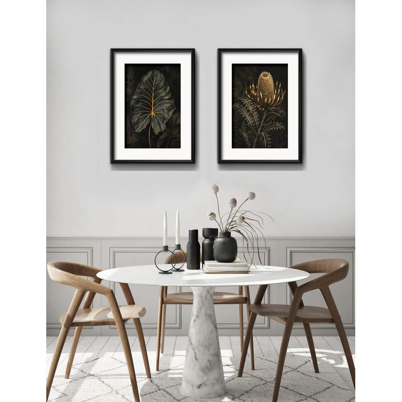 Set 2 Cuadros Hojas Flores Tonos Verde Oscuro Con Paspartu 53x43cm Cada Cuadro Negro