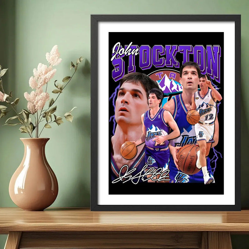 Cuadro John Stockton Utah Jazz Signature Basket Baloncesto Marco Negro