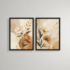Set 2 Cuadros Hojas Beige Dorado Abstracto Decora Living Marco Negro