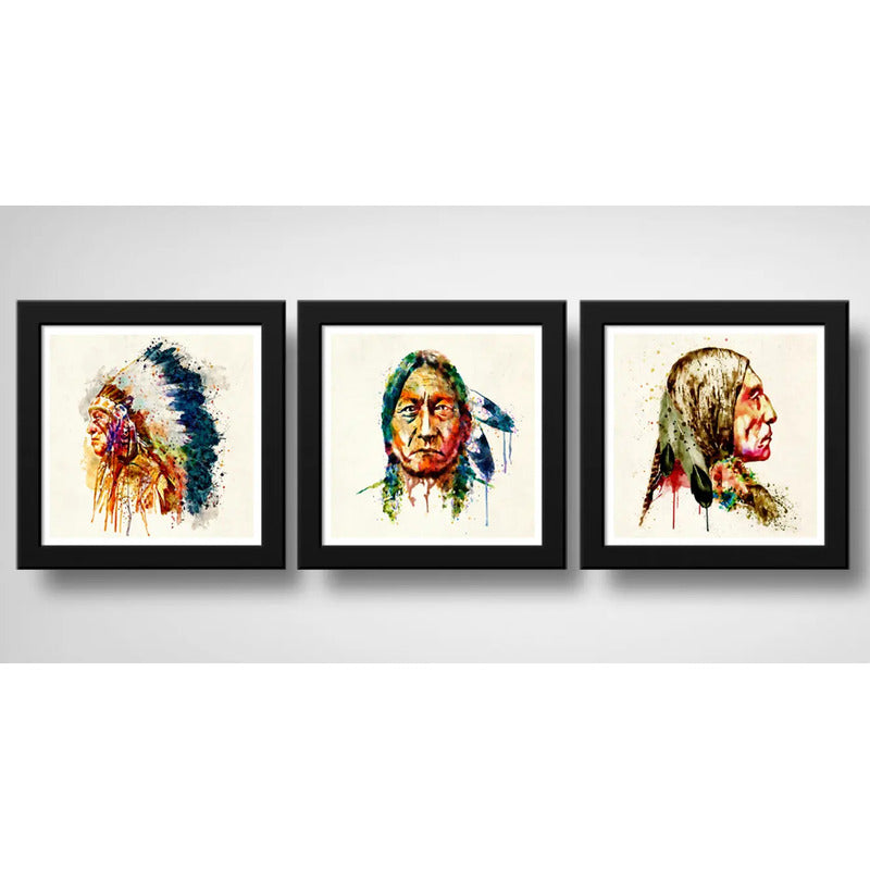 Set 3 Cuadros Indio Jefe Pop Art Vincha Tribal Decoracion