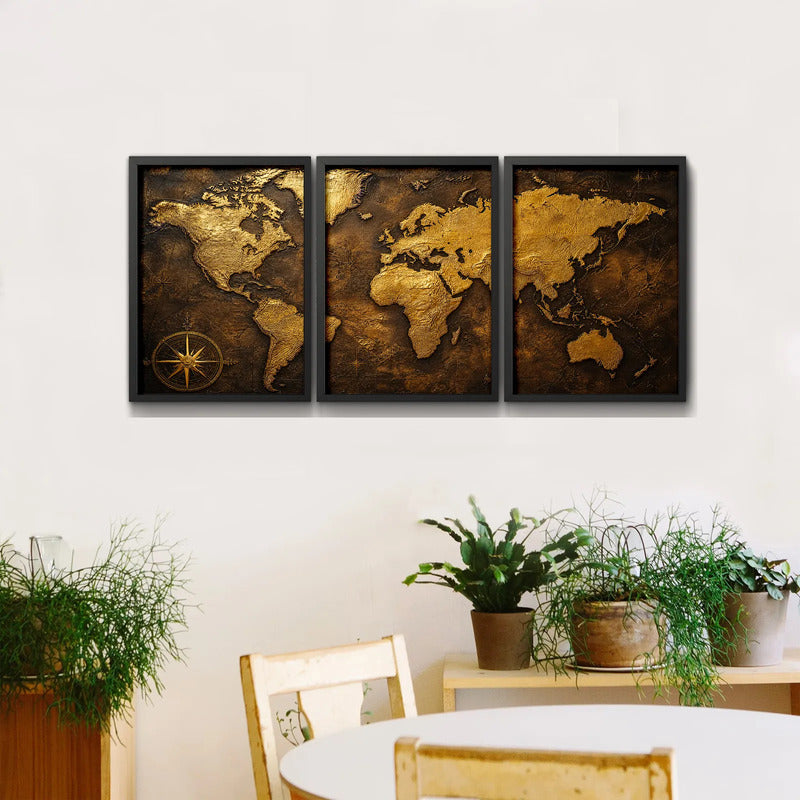 Set 3 Cuadros Mapamundi Mapa Mundo Brs2 Decoracion Oficina Marco Negro