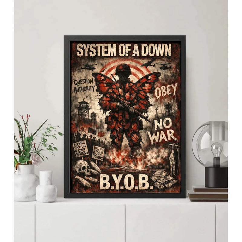 Cuadro System Of A Down Metal Rock Arte Retro Letra B.y.o.b. Marco Negro