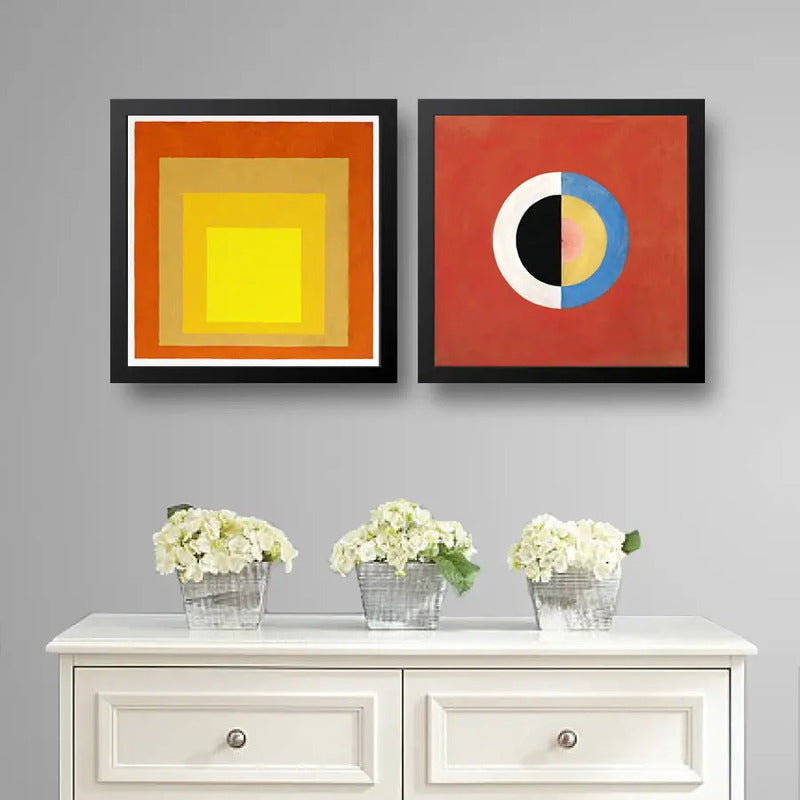 Set 2 Cuadros Josef Albers Hilma Af Klint Tonos Rojo 33x33cm Marco Negro