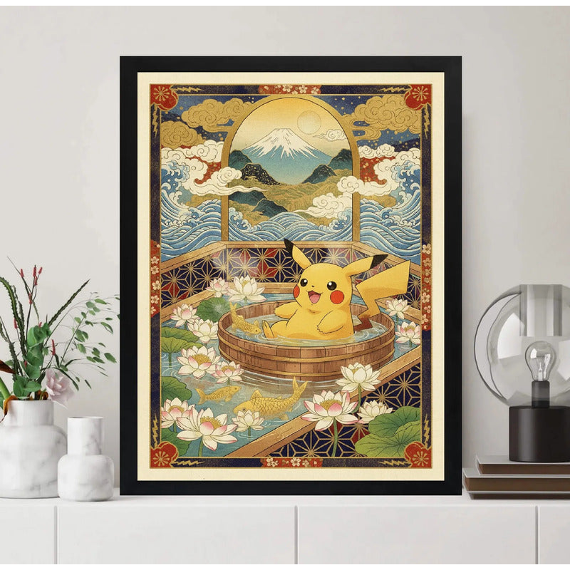 Cuadro Pikachu Baño Spa Onsen Arte Japones Pokemon Anime Marco Negro