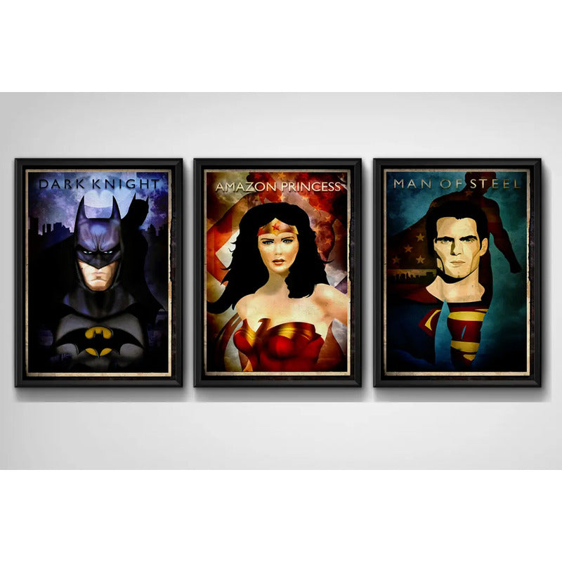 Set 3 Cuadros Batman Mujer Maravilla Superman Héroes Comics