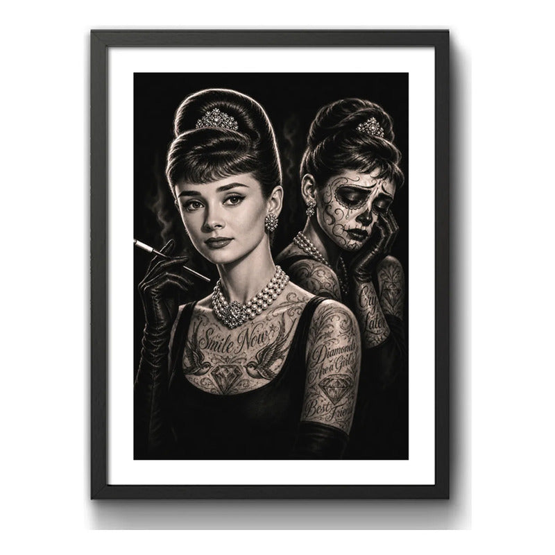 Cuadro Audrey Hepburn Tattoo Catrina Tatuaje Arte Retro Marco Negro
