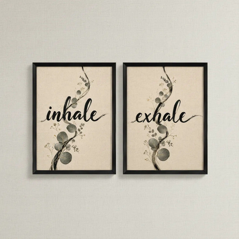 Set 2 Cuadros Inhale Exhale Motivacional Botanico Eucalipto Marco Negro