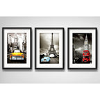 Set 3 Cuadros Nueva York Paris Londres Retrô Con Paspartu Marco Negro