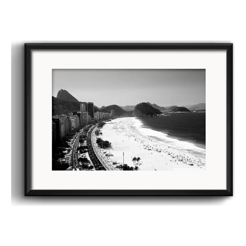 Cuadro Rio De Janeiro Blanco Y Negro B7 53x43cm Con Paspartú Playa De Copacabana Avenida Atlantica Con Marco Negro