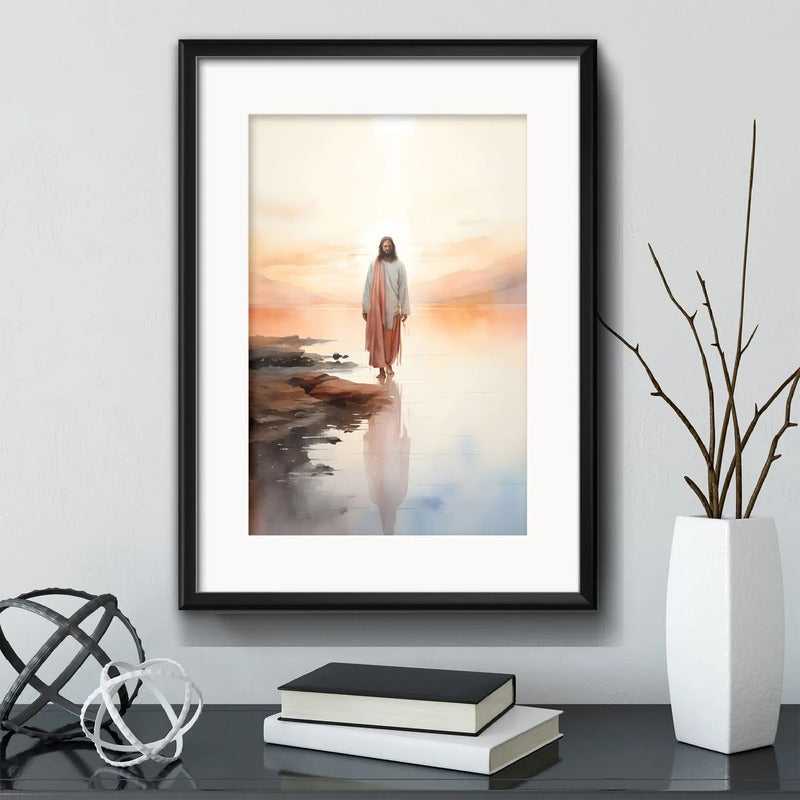 Cuadro Jesús Cristo Senor Dios Arte Decoracion Con Paspartú Caminando En El Agua Con Marco Negro