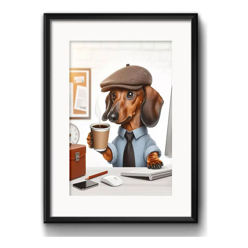 Cuadro Perro Dachshund Salchicha Tomando Cafe 1 Con Paspartú Marco Negro