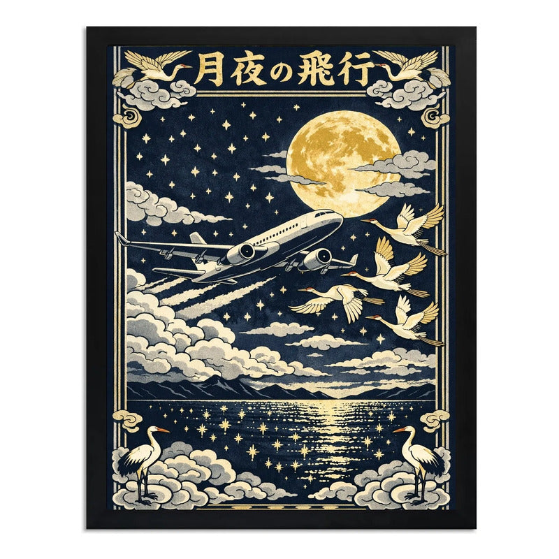 Cuadro Avion Vuelo Iluminado Por La Luna Grulla Nubes Japón Marco Negro