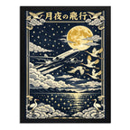 Cuadro Avion Vuelo Iluminado Por La Luna Grulla Nubes Japón Marco Negro