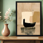 Cuadro Dormitorio Living Boho Abstracto Barco Tonos Neutros Marco Negro