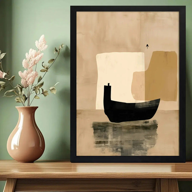 Cuadro Dormitorio Living Boho Abstracto Barco Tonos Neutros Marco Negro