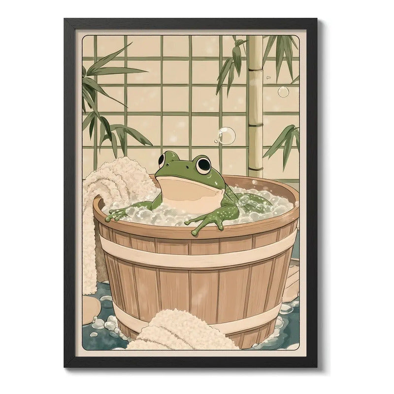 Cuadro Sapo Bano Banera Arte Japonés Bambú Sapito Decoracion Marco Negro