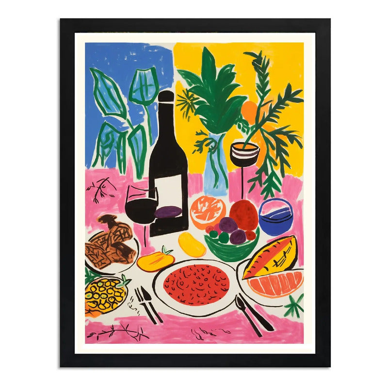 Cuadro Cocina Living Mesa Comida Vino Chef Cocinero Arte Marco Negro