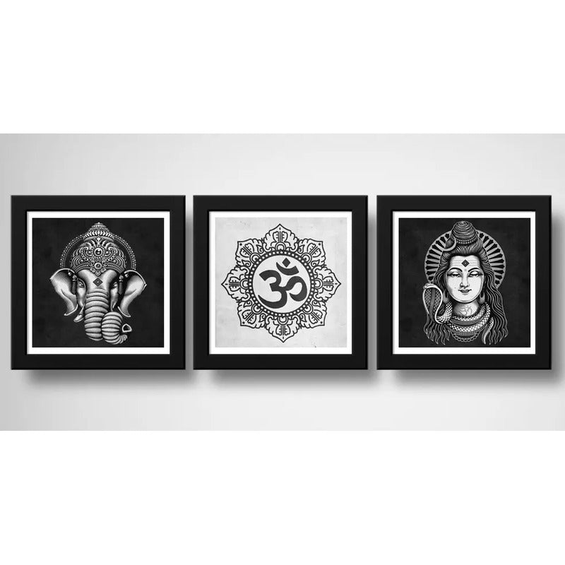 Set 3 Cuadros Hindu Ganesha Om Shiva Lotus Yoga Meditacion