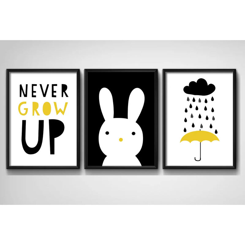Set 3 Cuadros Conejo Frase Decoracion Dormitorio Infantil Marco Negro