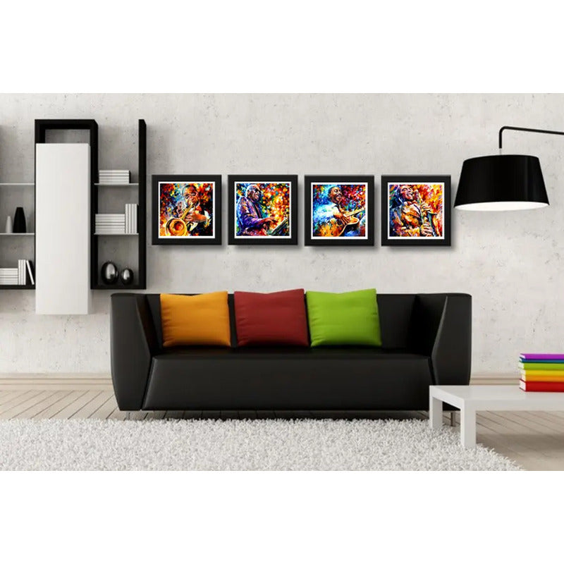Set 4 Cuadros Jazz Blues Pop Art Saxófono Guitarra - 33x33cm Marco Negro