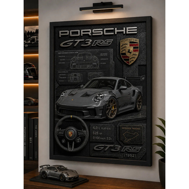 Cuadro Porsche Gt3 992 Auto Icónico Detalles Specs Efecto 3d Marco Negro
