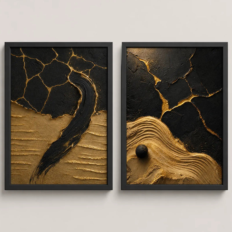 Set 2 Cuadros Living Dormitorio Abstracto 3d Oro Negro Brs3 Marco Negro