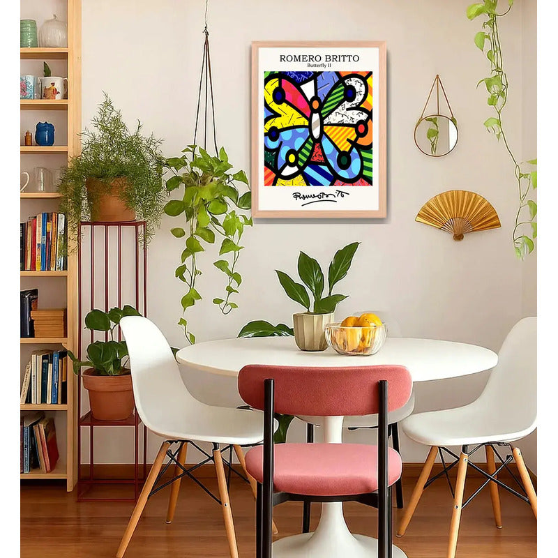 Cuadro Romero Britto Pop Art La Mariposa Butterfly Marco Oak Marco Marrón Claro