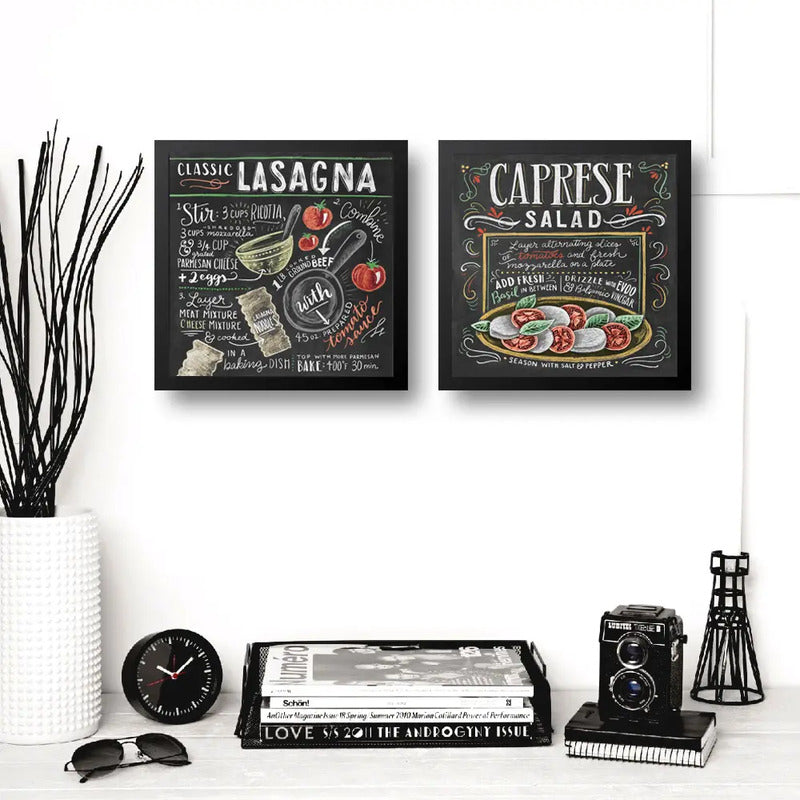 Set 2 Cuadros Lasaña Clásica Ensalada Caprese Recetas Cocina Marco Negro