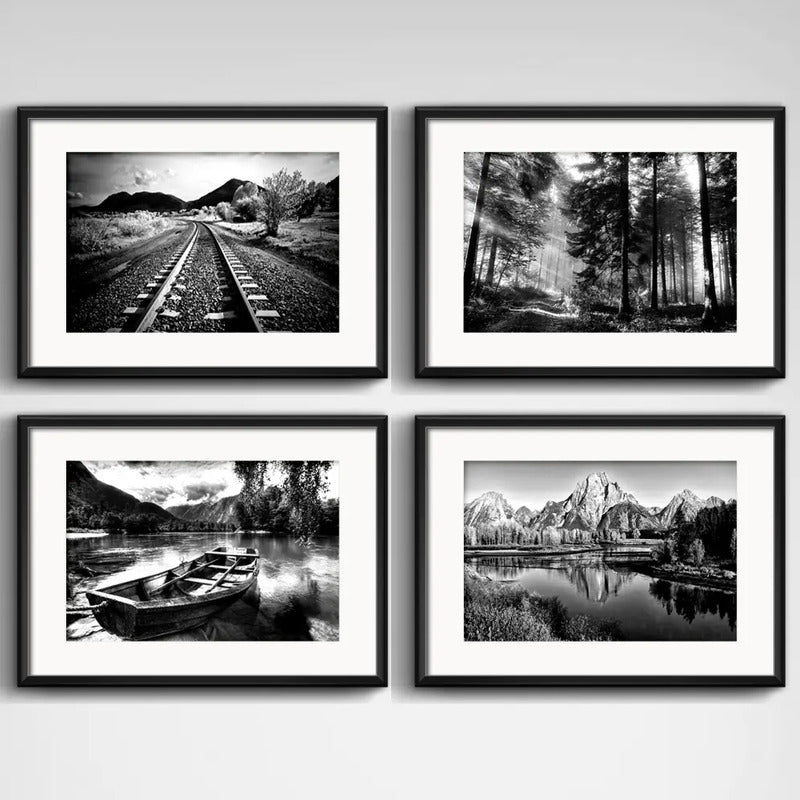 Set 4 Cuadros Paisajes Blanco Y Negro Montanas Deco Paspartu