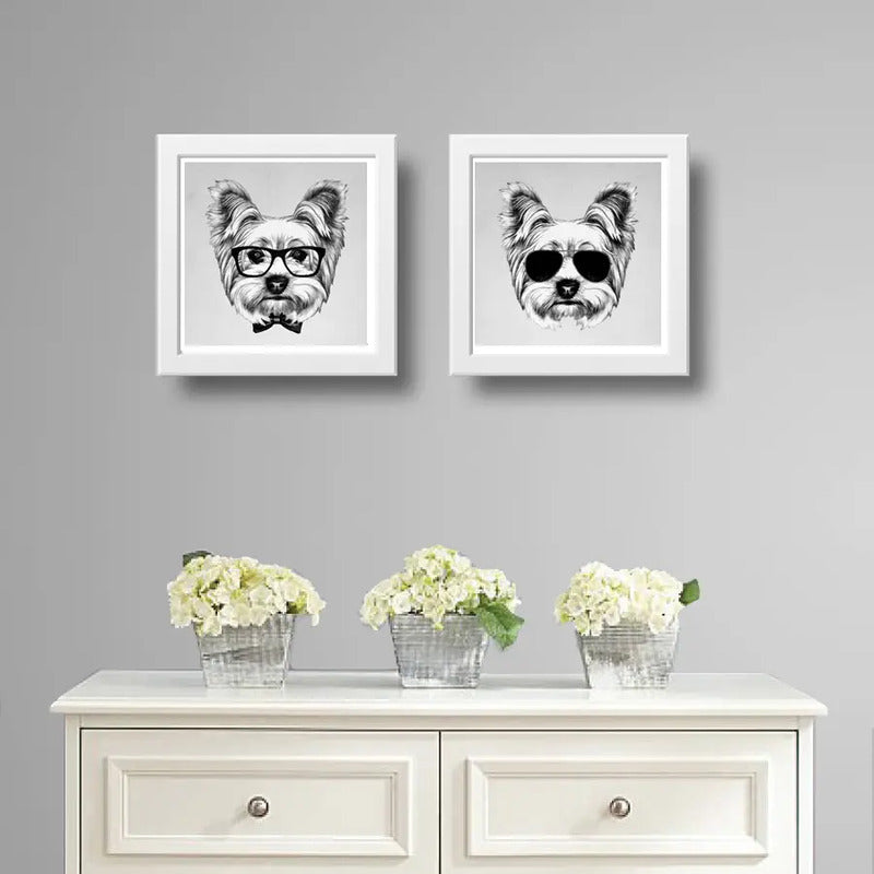 Set 2 Cuadros Yorkshire Gafas Lentes Sol Perro Mascotas Pet