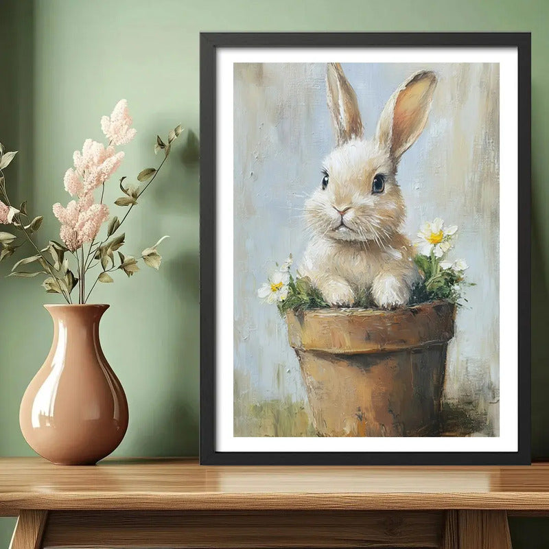 Cuadro Living Dormitorio Conejo Arte Maceta Flores Conejito Marco Negro