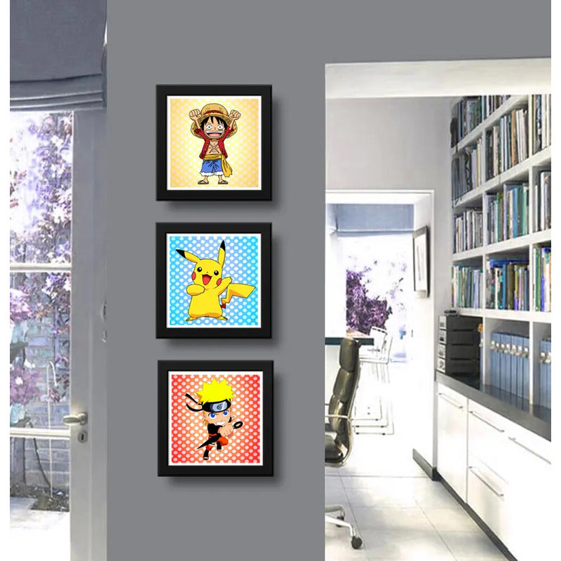 Set 3 Cuadros Naruto Pikachu Luffy Pop Art Pokemon One Piece