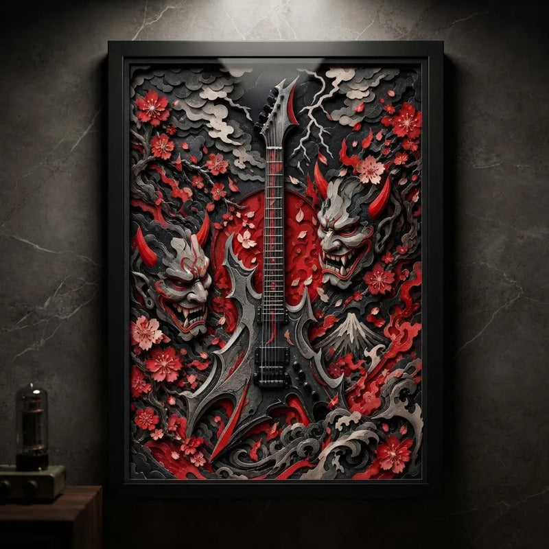 Cuadro Guitarra Rock Máscaras Oni Arte Japones Efecto 3d Marco Negro