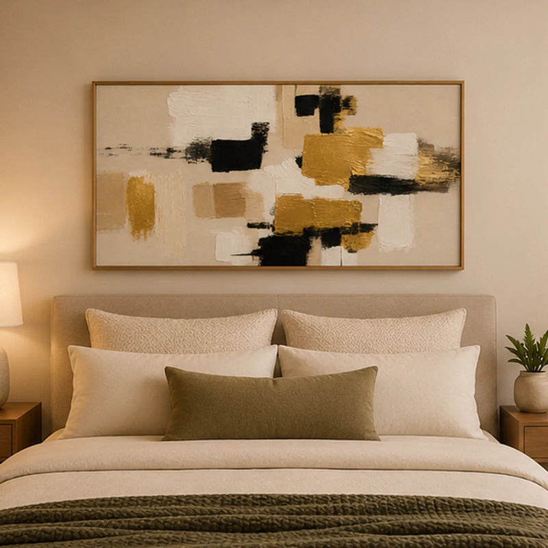 Cuadro Dormitorio Living Boho Abstracto Beige Dorado Grande Marco Marrón Claro