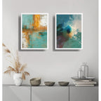 Set 2 Cuadros Dormitorio Living Abstracto Verde Azulado Ocre Marco Blanco