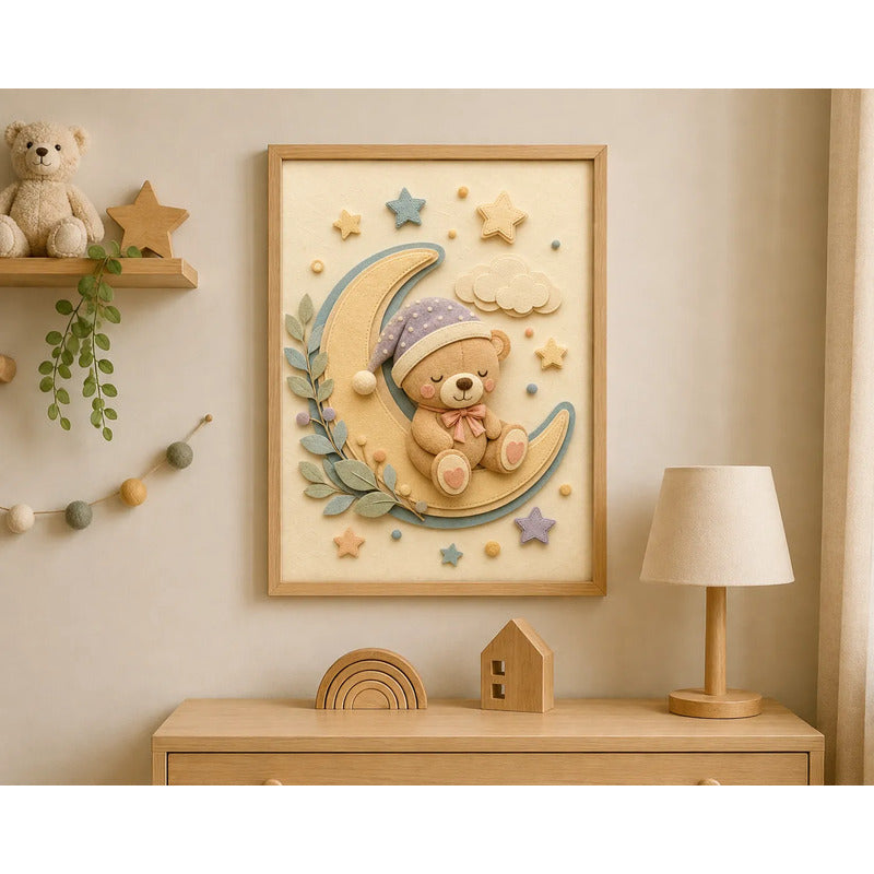 Cuadro Dormitorio Infantil Bebe Oso Luna Estrellas Efecto 3d Marco Madera Oak Madera Clara