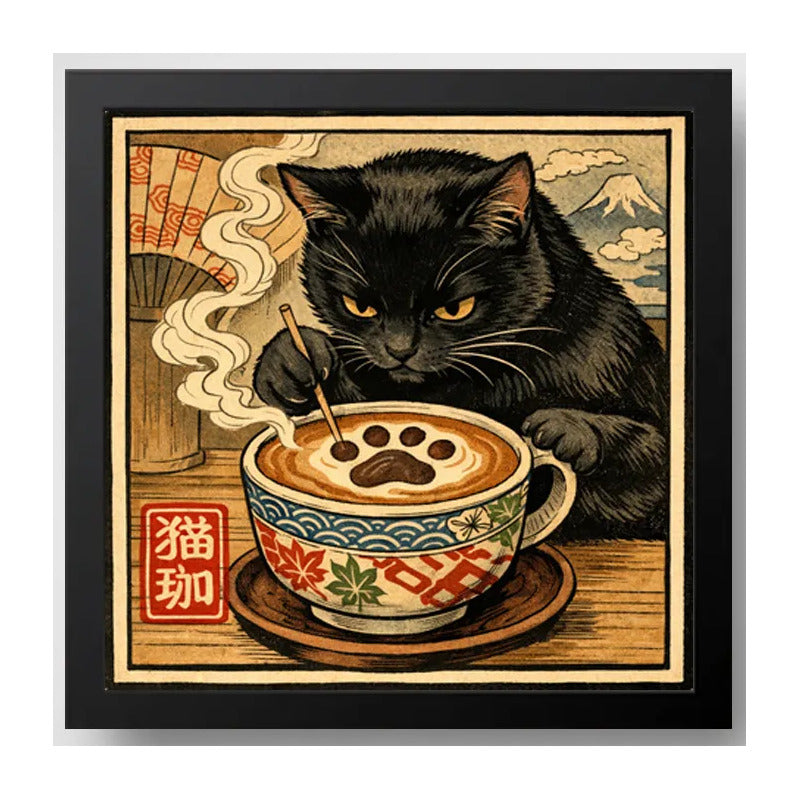 Cuadro Gato Negro Barista Café Cocina Arte Japonés Coleccion Marco Negro