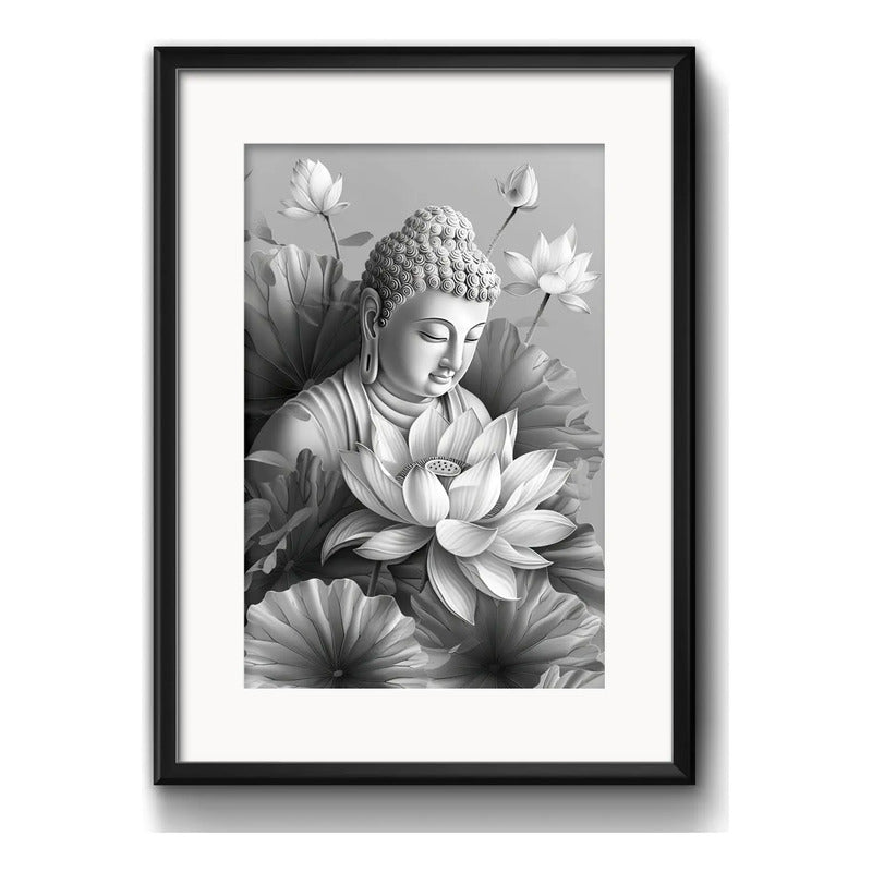 Cuadro Buda Flores Blanco Y Negro Meditacion Con Paspartu Marco Negro