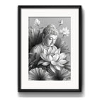 Cuadro Buda Flores Blanco Y Negro Meditacion Con Paspartu Marco Negro