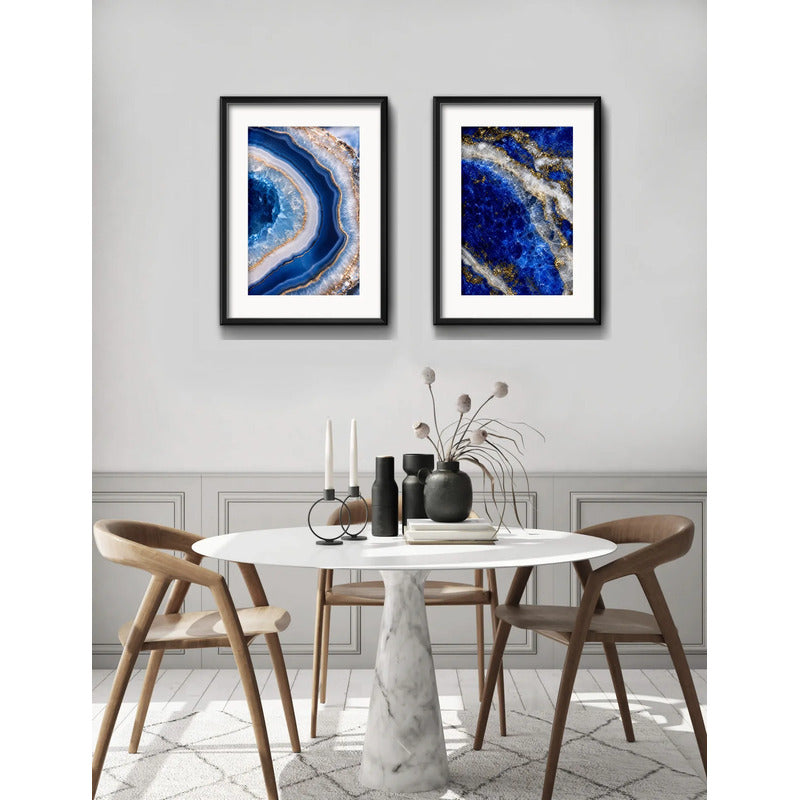 Set 2 Cuadros Agata Lapislazuli Abstracto Azul Con Paspartu 53x43cm Cada Cuadro Negro