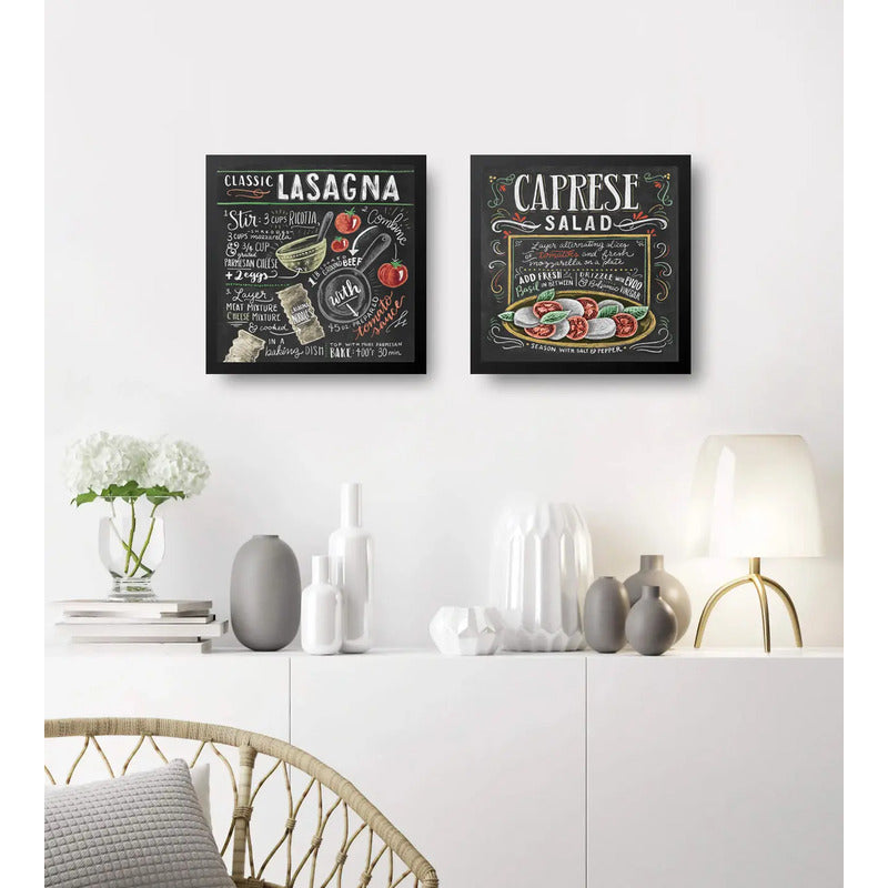 Set 2 Cuadros Lasaña Clásica Ensalada Caprese Recetas Cocina Marco Negro