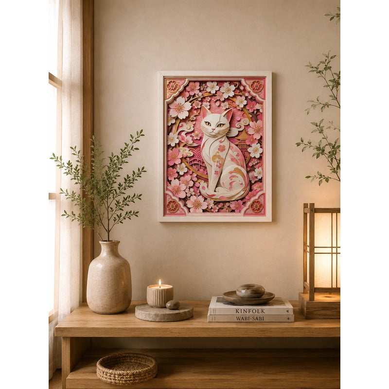 Cuadro Gato Blanco Efecto 3d Arte Japones Rosa Flores Cerezo Marco Blanco