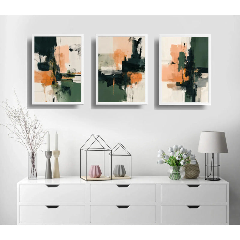 Set 3 Cuadros Dormitorio Living Abstracto Arte Verde Durazno Marco Blanco