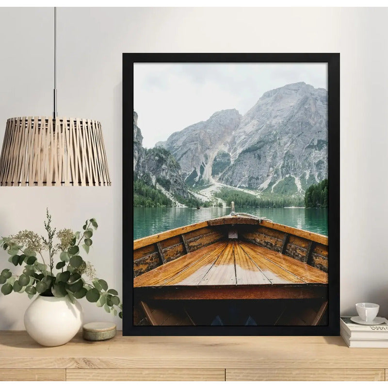 Cuadro Barco Hacia Las Montañas Natureleza Living Decoracion Marco Negro