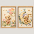 Set 2 Cuadros Infantil Bebe Oso Globos Floral Efecto 3d Marco Madera Oak Madera Clara