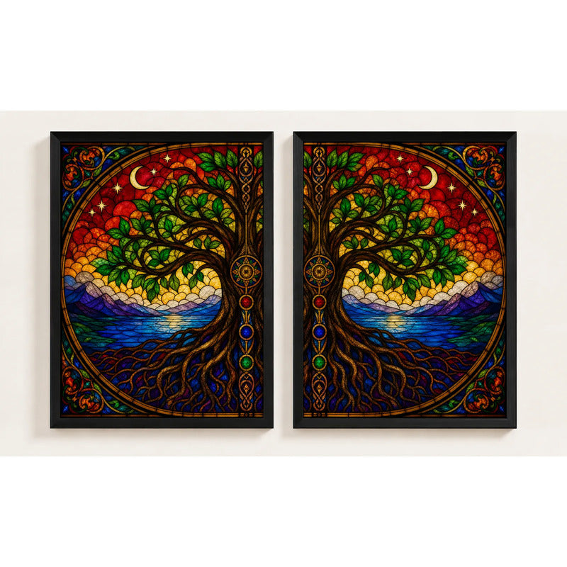 Set 2 Cuadros Arbol De La Vida Estilo Vitral Mural Díptico Marco Negro